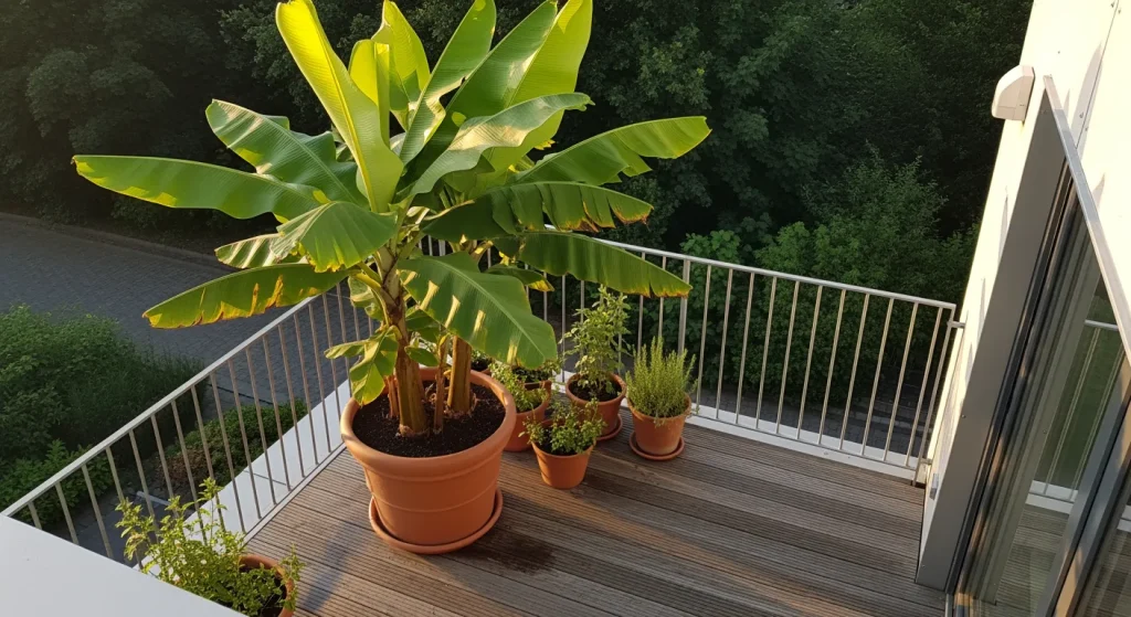 Grand bananier en pot sur terrasse lumineuse en été