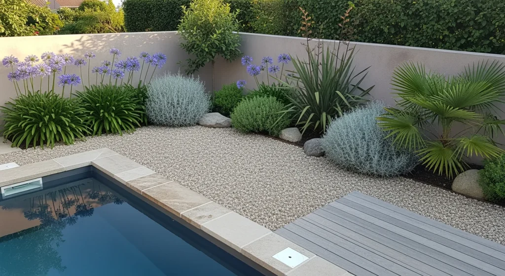 Aménagement de piscine avec agapanthes, phormiums et santolines