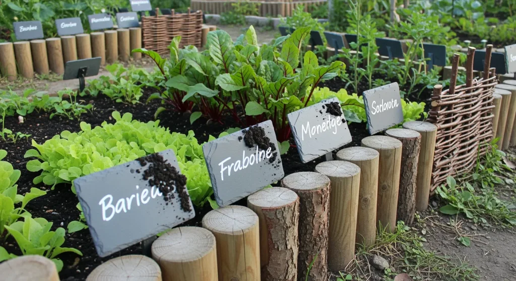 Bordure en rondins et étiquettes ardoise dans un bac potager