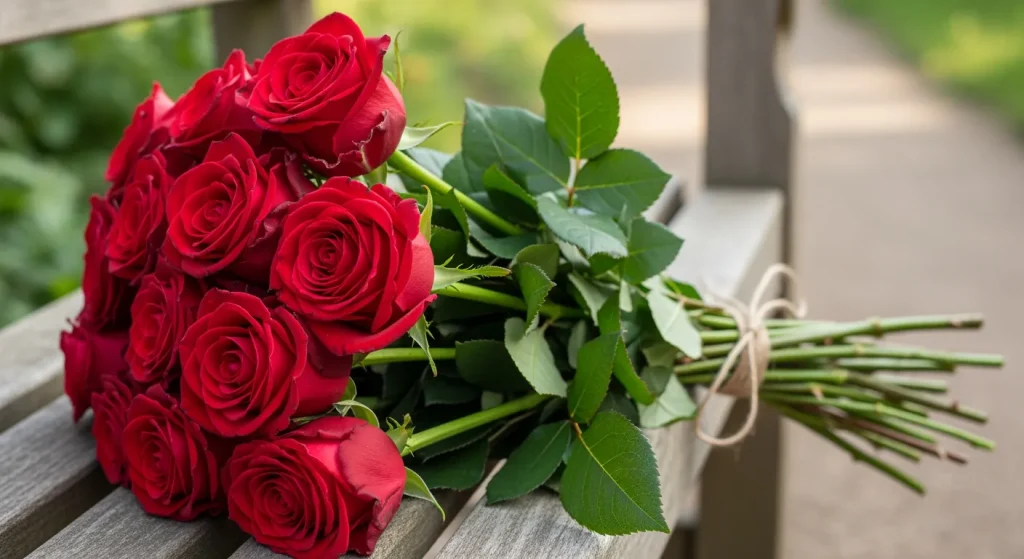 Bouquet de roses rouges profondes sur banc de jardin