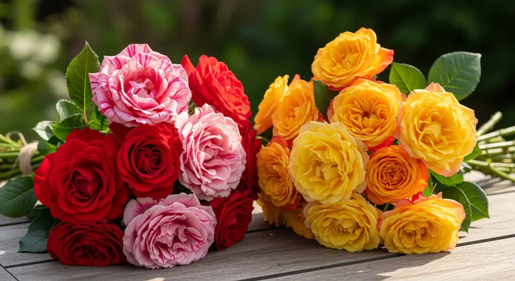 Deux bouquets de roses, rouge-rose et jaune-orange, sur table de jardin