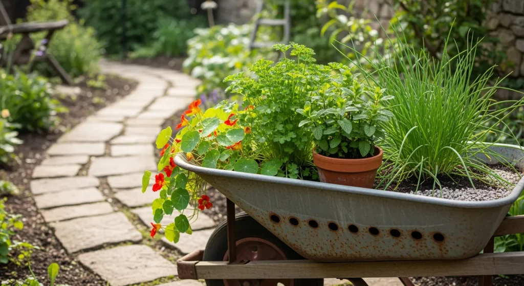 Brouette vintage remplie d’herbes aromatiques et capucines