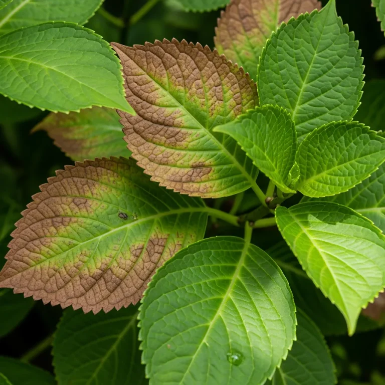 Bords brunis et plages ternes sur feuilles d’hortensia