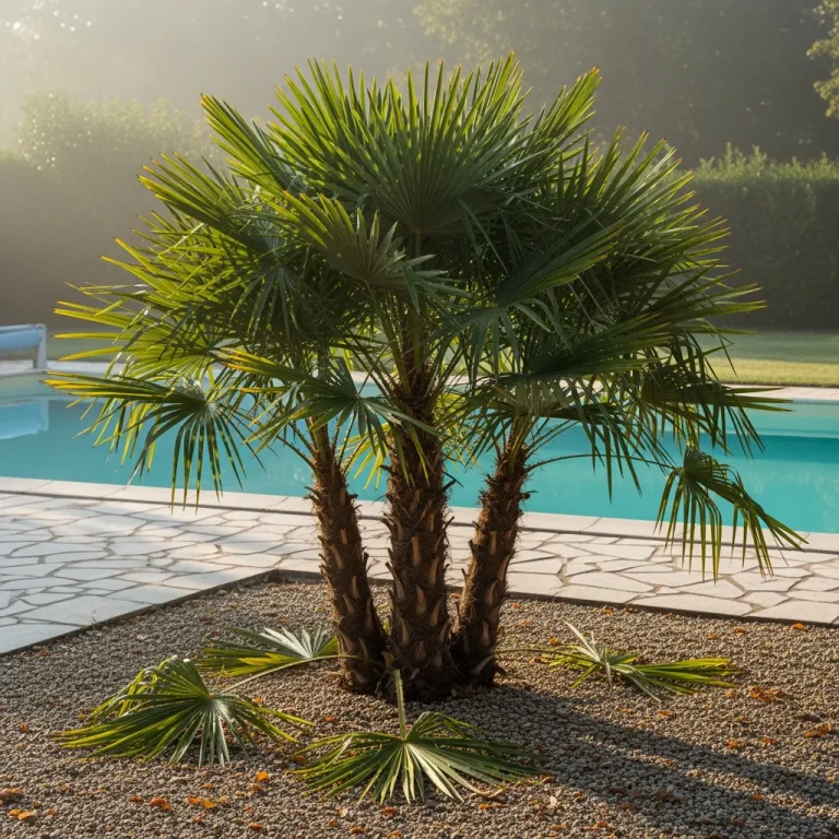 Palmier nain Chamaerops humilis aux frondes denses près d’une terrasse