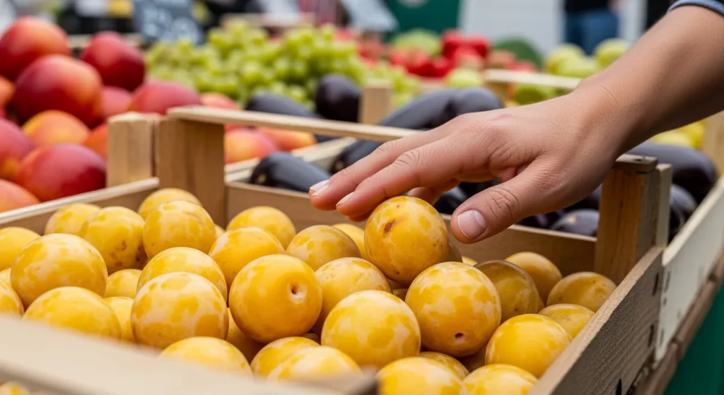 Main testant une prune jaune bien mûre sur un étal