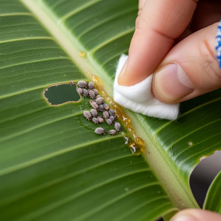 Nettoyage des cochenilles sur un pétiole de bananier