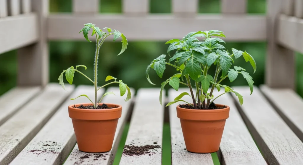 Deux plants de tomate côte à côte, l’un filé, l’autre trapu et vert sombre