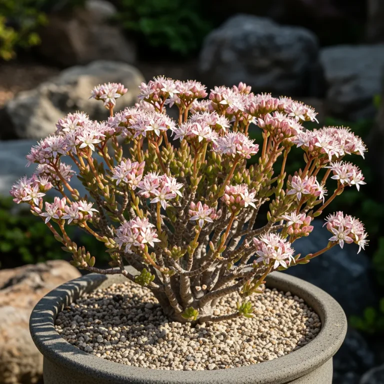 Crassula sarcocaulis aux fleurs blanc rosé en pot
