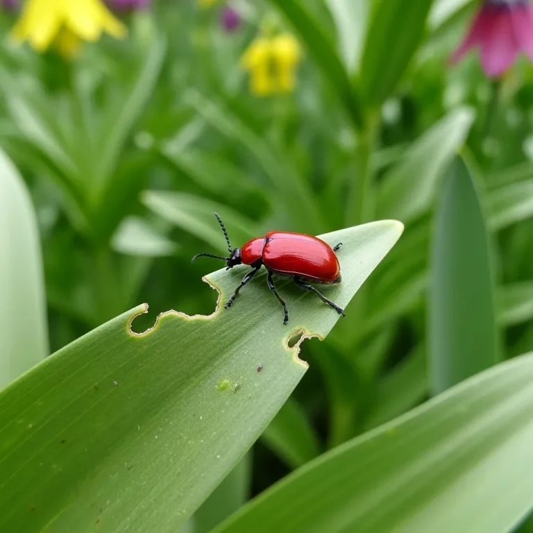 Criocère rouge sur feuille avec petites morsures