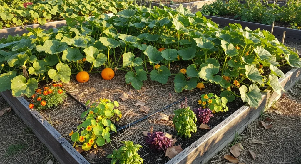 Culture du potimarron au potager, vignes paillées et fruits mûrs