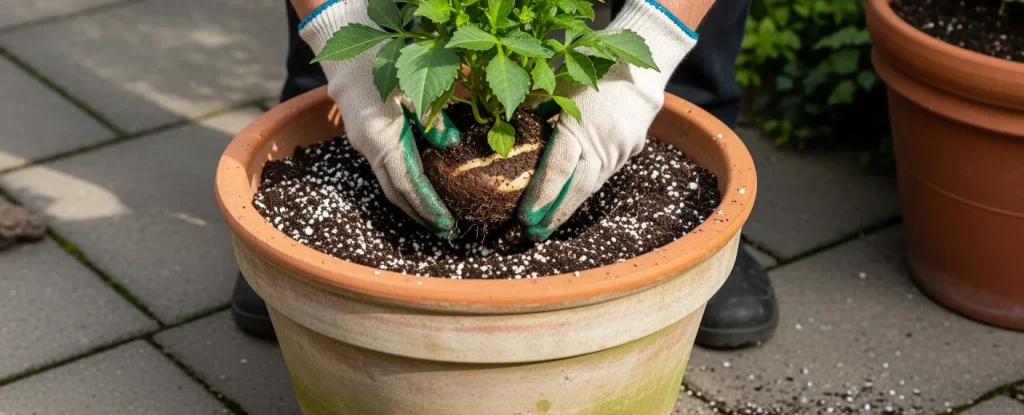 Tubercule de dahlia installé en pot dans un substrat aéré