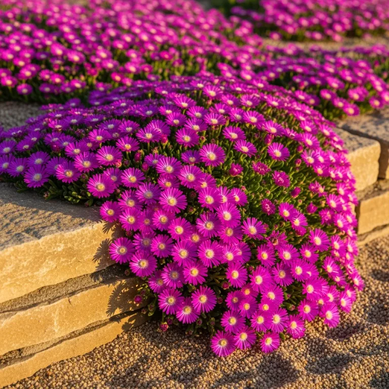 Tapis de delosperma violet sur gravier en plein soleil