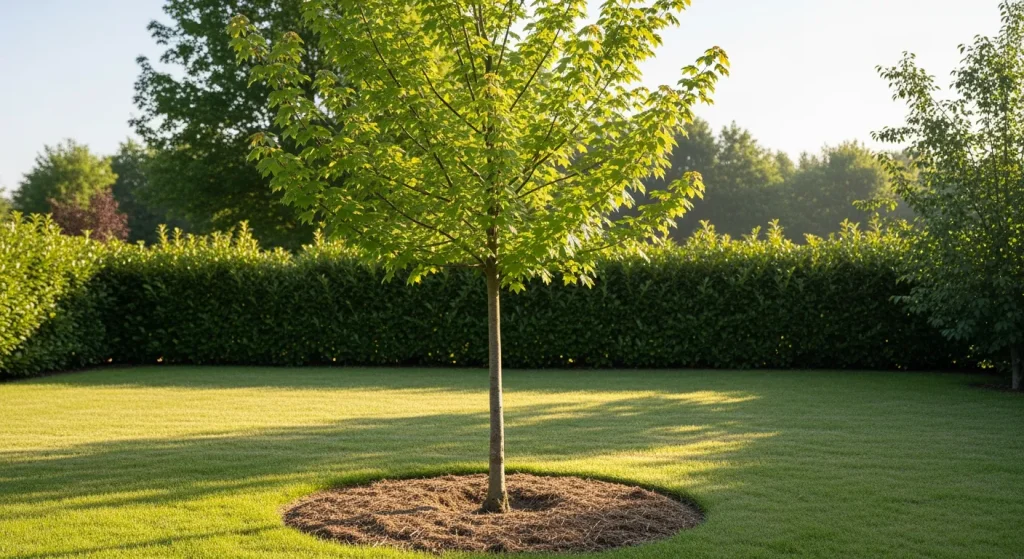 Jeune arbre entouré d’un large disque de paillis clair