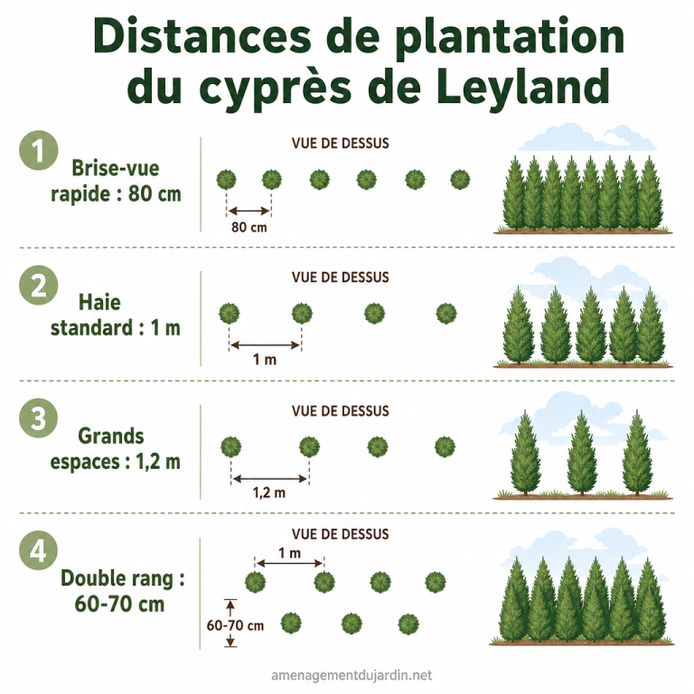 Infographie des espacements de plantation du Leyland