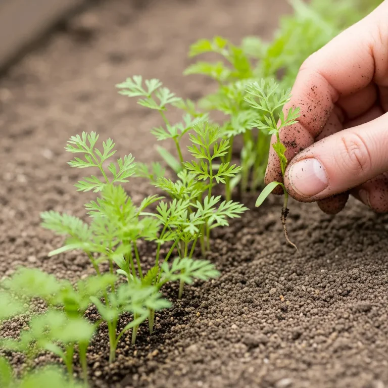 Main retirant une plantule pour garder trois centimètres d’écart