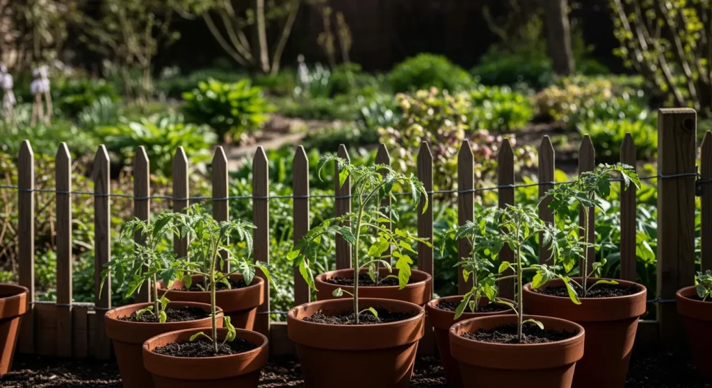 Jeunes plants de tomate en pots à l’extérieur à l’ombre lumineuse