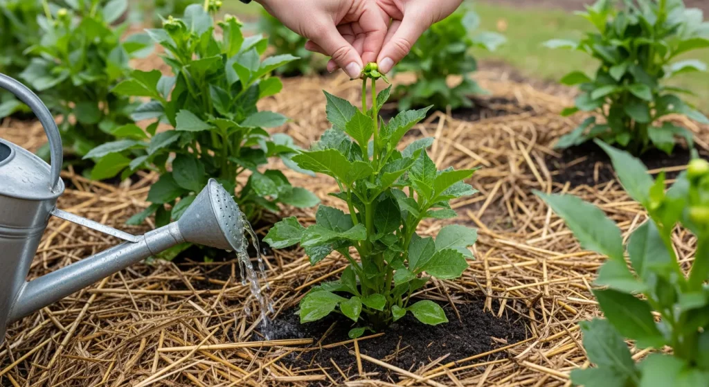 Jeunes dahlias paillés avec arrosage au pied et pincement des pousses