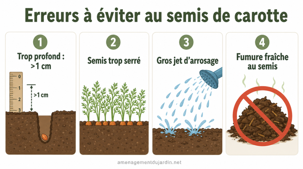Récapitulatif visuel des erreurs fréquentes lors du semis de carottes