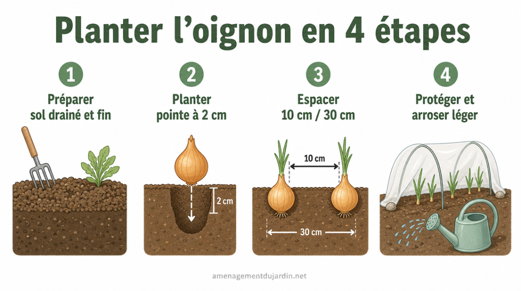 Schéma des 4 étapes clés pour planter l’oignon
