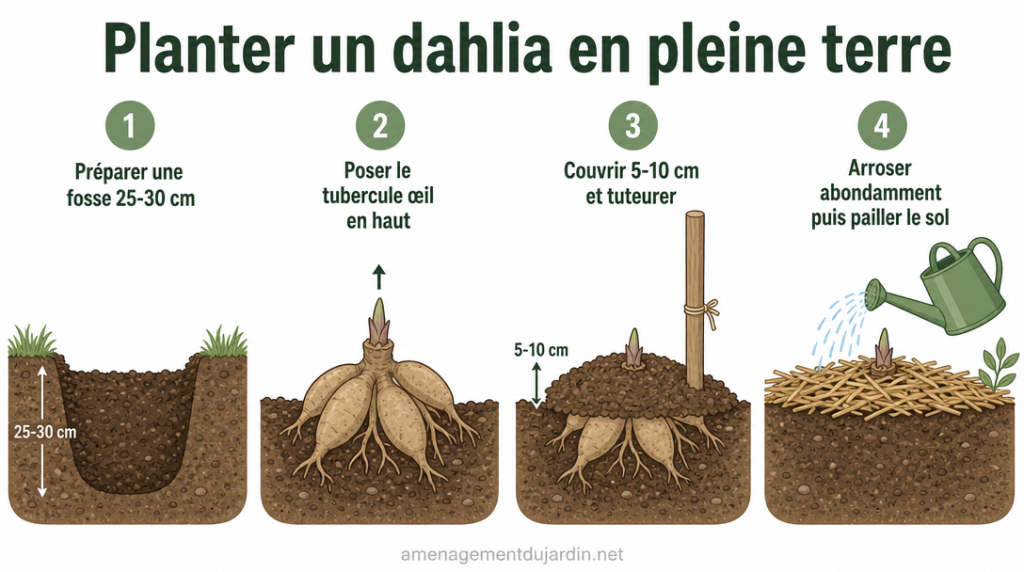 Schéma des étapes pour planter un dahlia en pleine terre