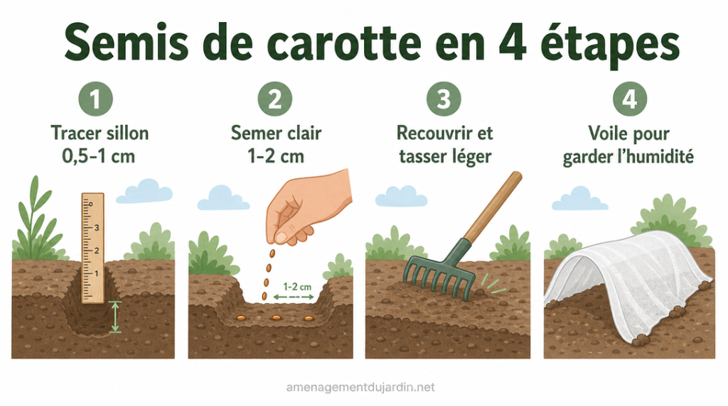 Schéma des étapes du semis de carottes en quatre gestes
