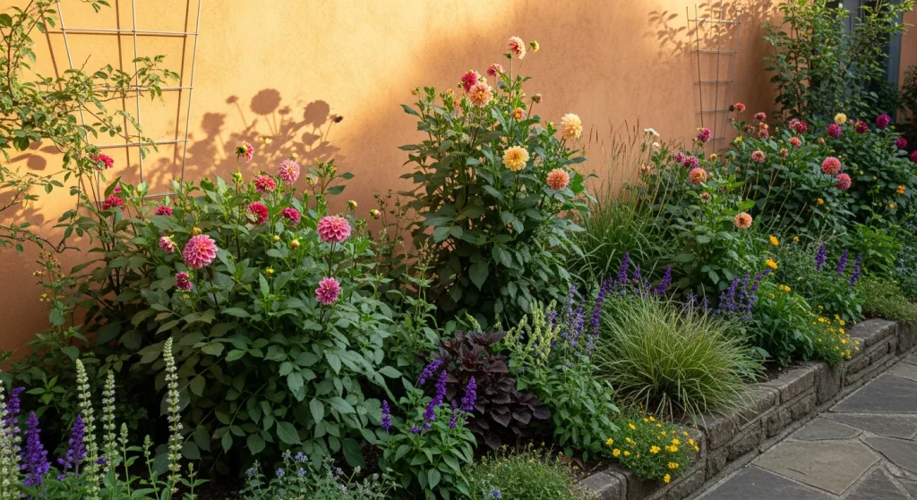 Massif de dahlias exposé au sud, abrité du vent par un mur