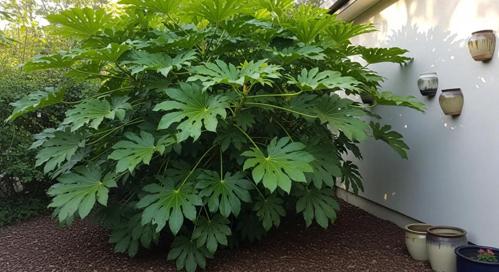 Fatsia aux grandes feuilles luisantes en ombre lumineuse