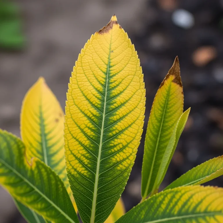 Feuille jaunie avec nervures vertes et pointes brûlées
