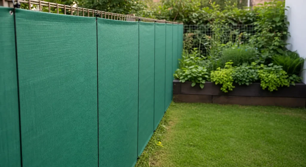 Toile verte fixée régulièrement sur une clôture rigide