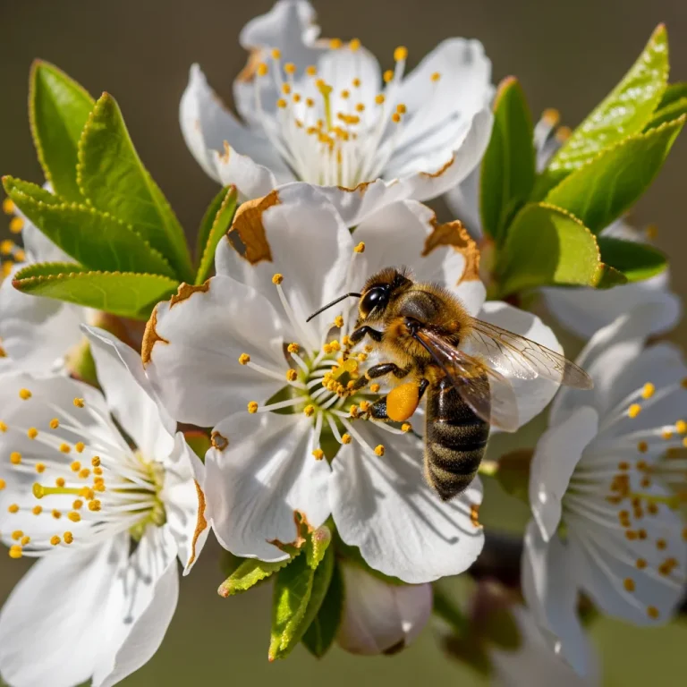 Abeille sur fleurs de prunier, pollinisation au verger