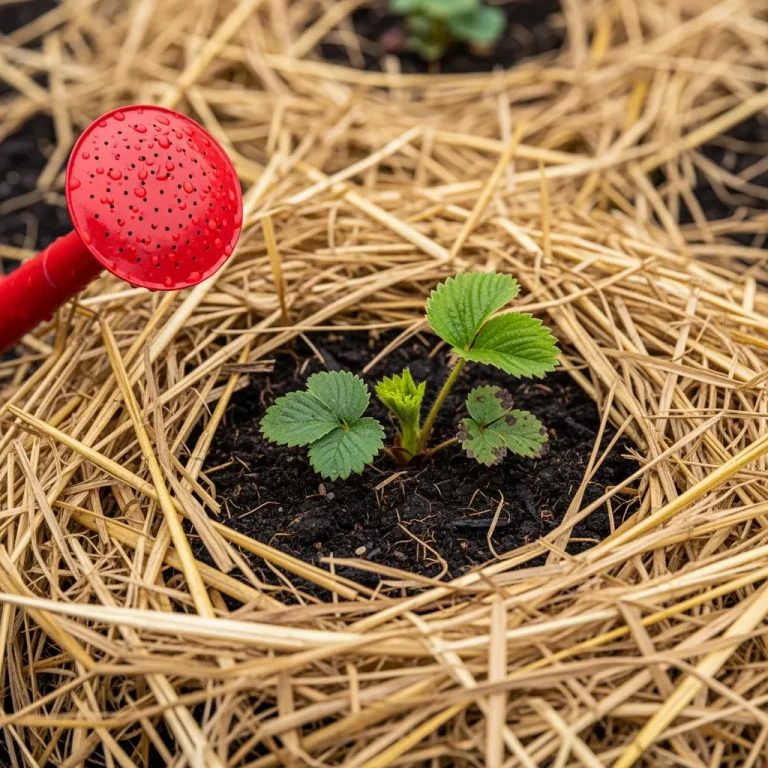 Jeune fraisier planté sur paillage de paille