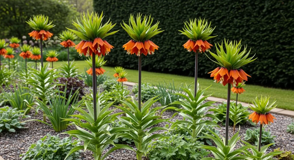 Massif de fritillaires impériales orange en plein printemps