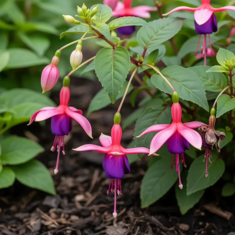 Gros plan sur une fleur de fuchsia bicolore en clochette