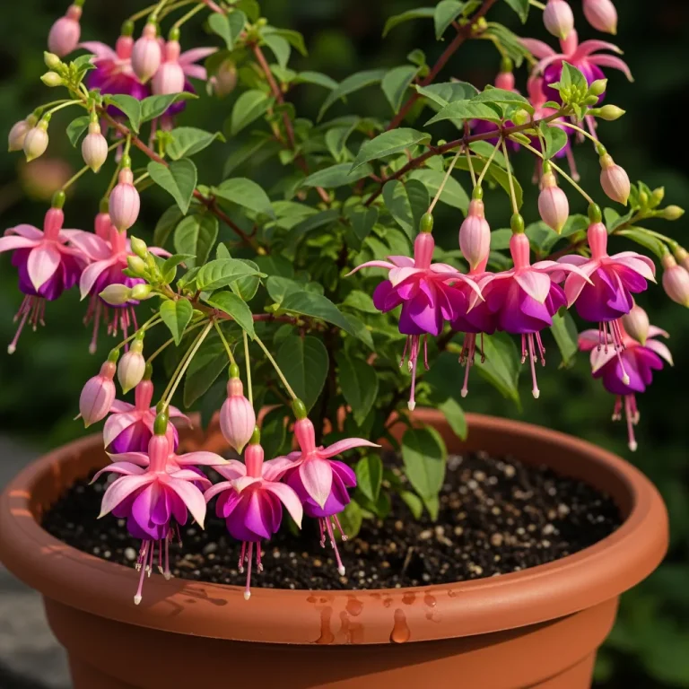 Fuchsia en fleurs bicolores rose et pourpre en pot