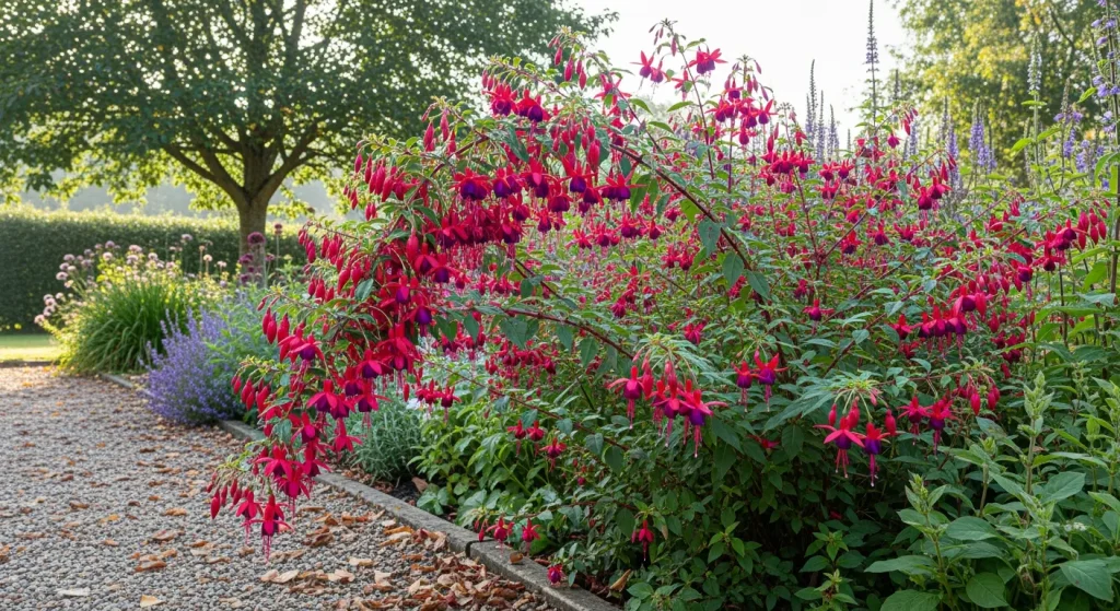 Fuchsia magellanica buissonnant en massif, nombreuses fleurs rouges et pourpres