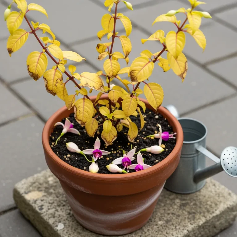 Fuchsia en pot avec feuilles jaunes et plusieurs boutons tombés sur le substrat
