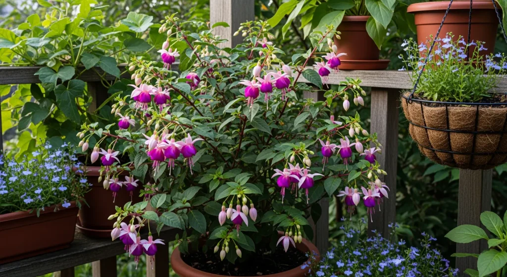 Potée et suspension de fuchsia en floraison à l’ombre lumineuse