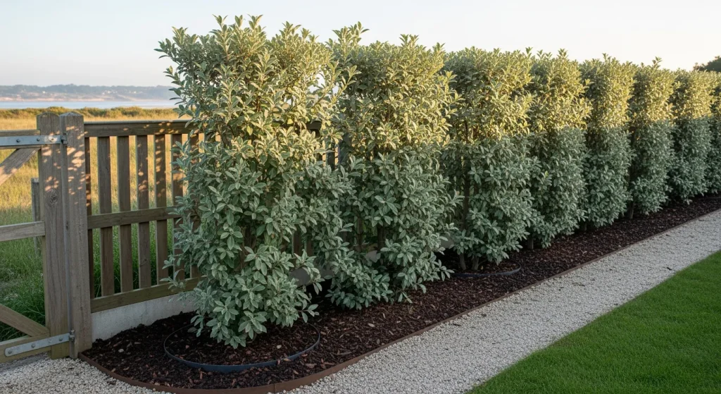Ganivelle en bois avec haie d’eleagnus paillée