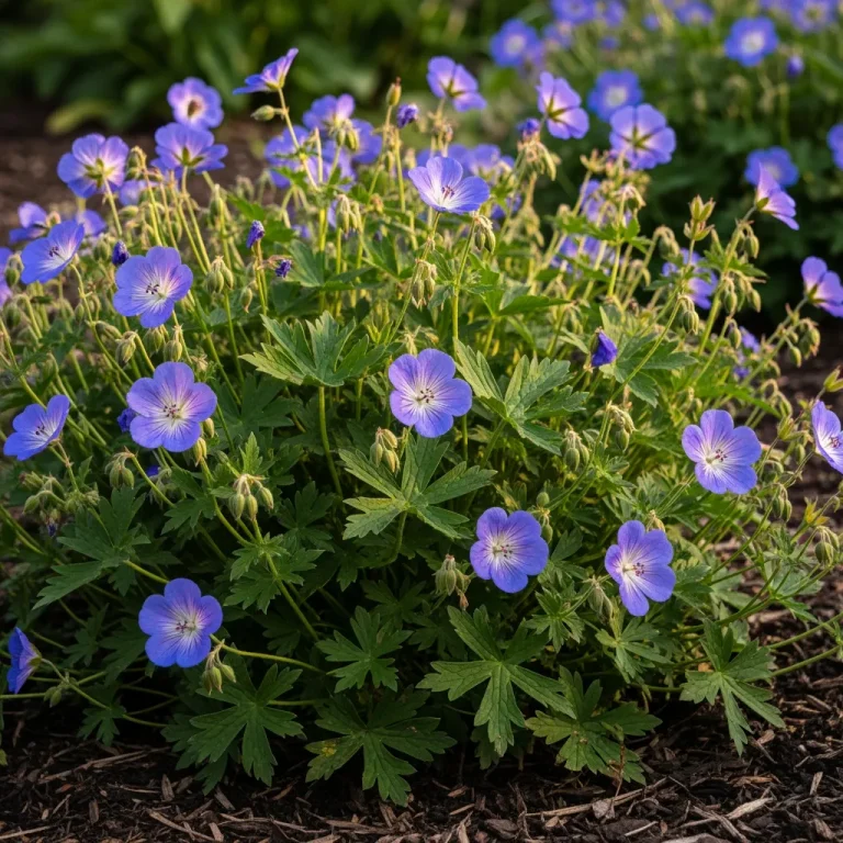 Grandes fleurs bleu violacé du géranium Rozanne en massif
