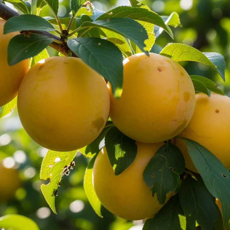 Prunes Golden Japan jaunes et juteuses sur rameau estival