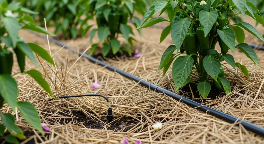 Ligne de goutte-à-goutte posée sous paillis près de piments