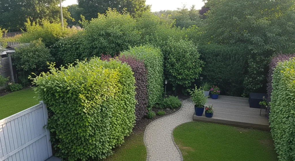 Haie persistante dense protégeant une terrasse familiale