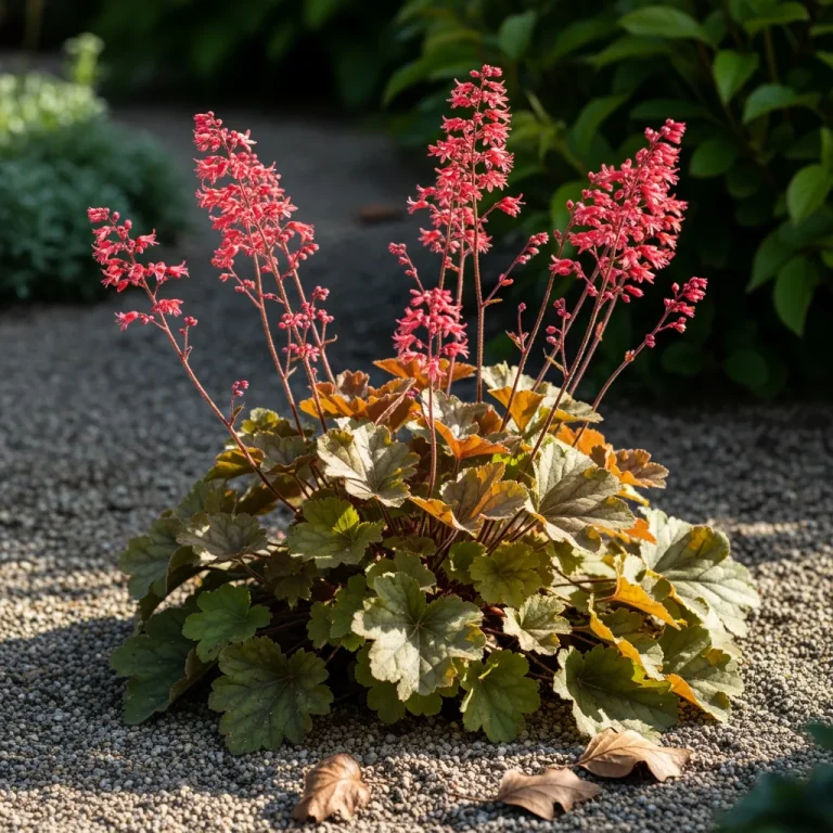 Hampes fines rouge corail d’heuchera au-dessus du feuillage