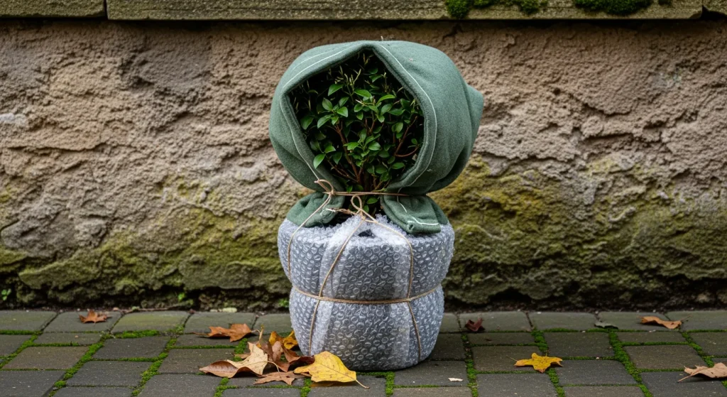 Pot isolé et voile d’hivernage autour d’un jasmin