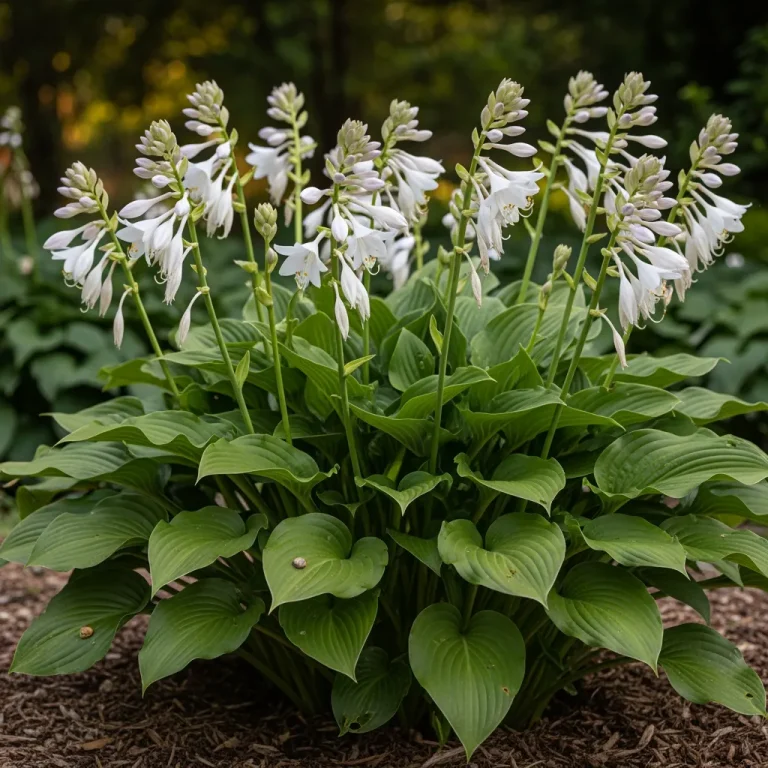 Grandes fleurs blanches parfumées d’hosta sur feuillage vert