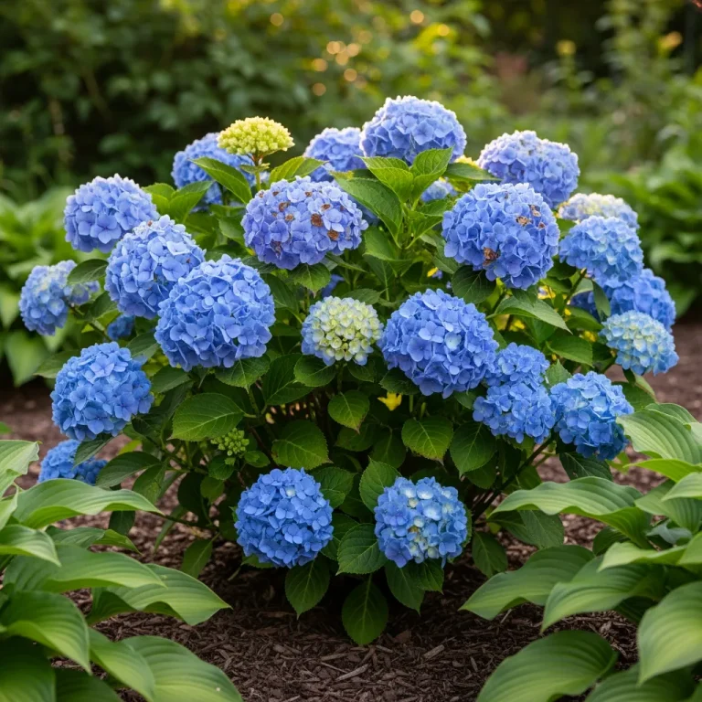Hortensia macrophylla bleu en plein été à l’ombre fraîche