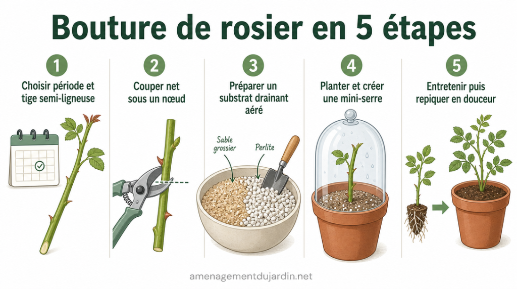 Infographie des 5 étapes clés de la bouture de rosier