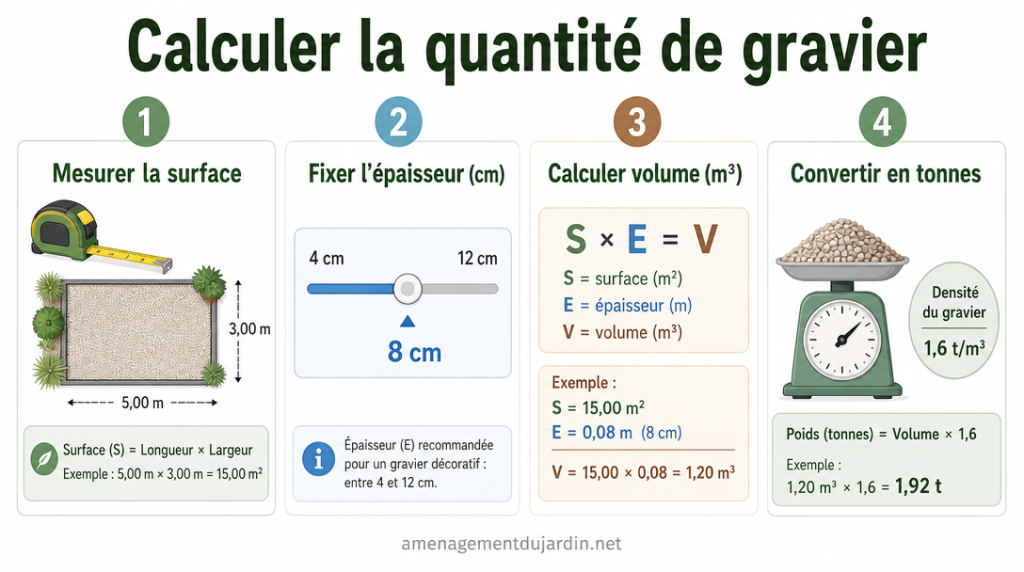 Étapes pour calculer volume et tonnes de gravier