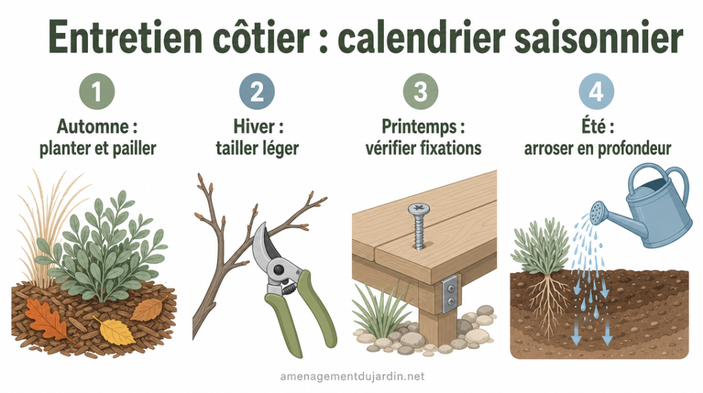 Infographie des gestes saisonniers pour jardin côtier