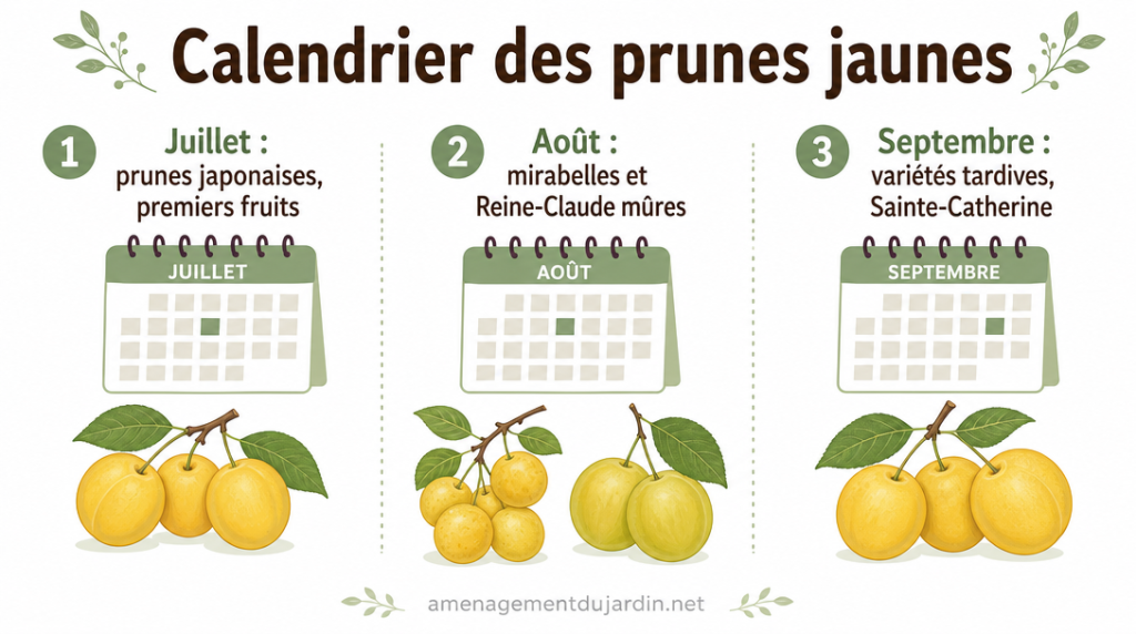 Calendrier des prunes jaunes avec étapes de juillet à septembre